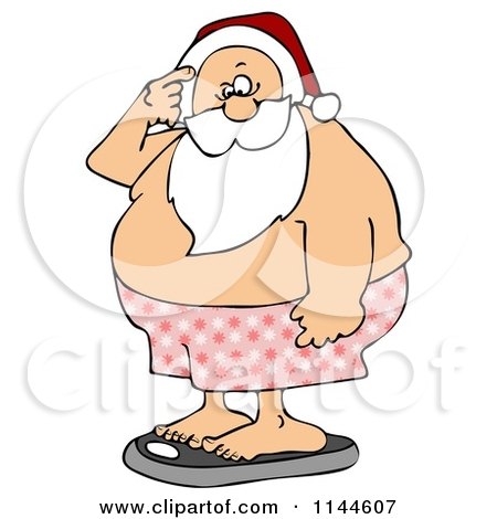 Cartoon of Santa Scratching His Head and Weighing Himself - Royalty Free Clipart by djart