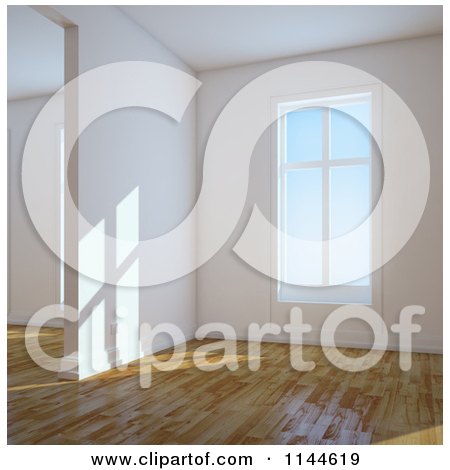 Clipart of Daylight Shining in Through Windows of an Empty 3d Room with Wood Floors 1 - Royalty Free CGI Illustration by Mopic