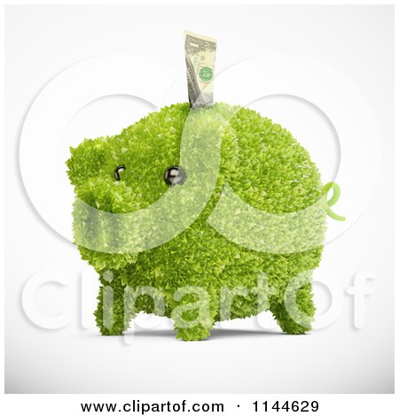 Clipart of a 3d Green Leafy Piggy Bank with a Dollar Bill - Royalty Free CGI Illustration by Mopic