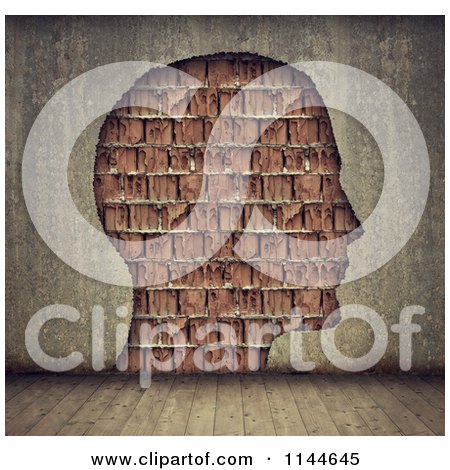 Clipart of a 3d Cement Wall with Exposed Brick Work Through a Head Shaped Frame - Royalty Free CGI Illustration by Mopic