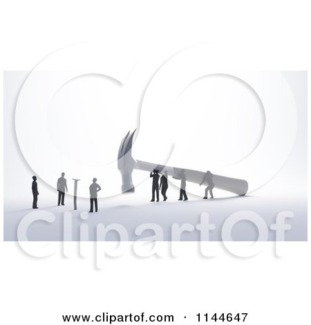 Clipart of 3d Tiny Business Men Carrying a Giant Hammer Towards a Nail - Royalty Free CGI Illustration by Mopic