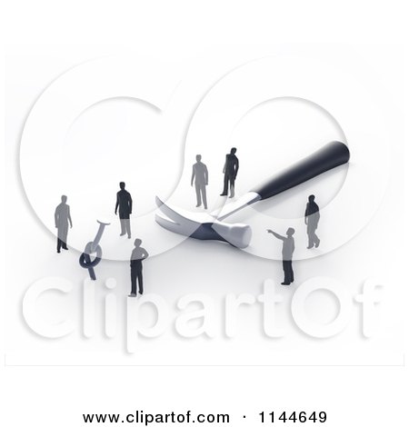 Clipart of 3d Tiny Business Men with a Giant Hammer and a Nail with a Knot - Royalty Free CGI Illustration by Mopic