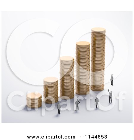 Clipart of 3d Tiny People at a Graph of Stacked Gold Coins - Royalty Free CGI Illustration by Mopic