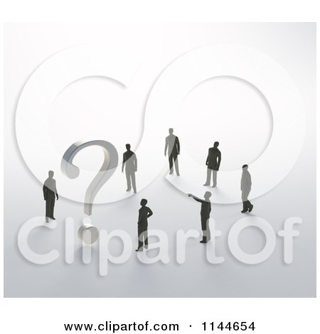 Clipart of 3d Tiny Businessman Standing Around a Question Mark Trying to Solve a Problem - Royalty Free CGI Illustration by Mopic