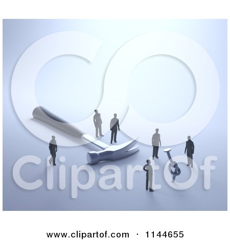 Clipart of 3d Tiny Business Men with a Giant Hammer and a Knotted Nail - Royalty Free CGI Illustration by Mopic