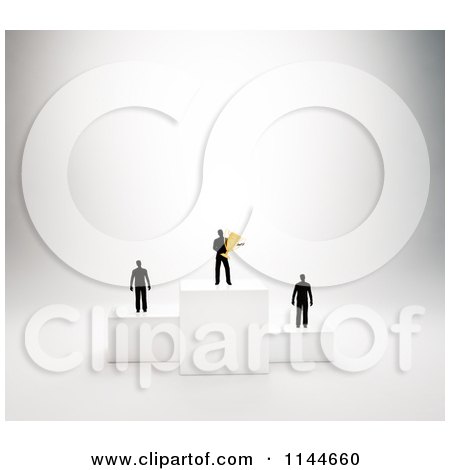 Clipart of 3d Tiny Men Standing on Placement Podiums with the Winner Holding a Gold Trophy - Royalty Free CGI Illustration by Mopic