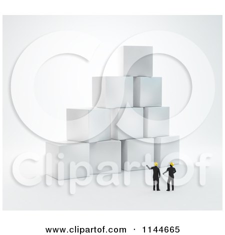 Clipart of 3d Construction Builder Engineers Discussing Blocks - Royalty Free CGI Illustration by Mopic