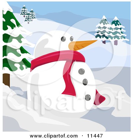 Snowman With a Carrot Nose in a Winter Landscape Clipart Illustration by AtStockIllustration