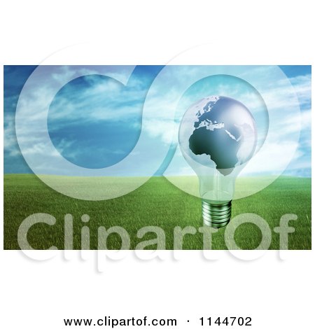 Clipart of a 3d Globe Light Bulb over a Field of Green Grass - Royalty Free CGI Illustration by Mopic