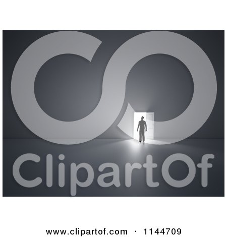 Clipart of a 3d Silhouetted Man Standing in Front of a Bright Doorway - Royalty Free CGI Illustration by Mopic