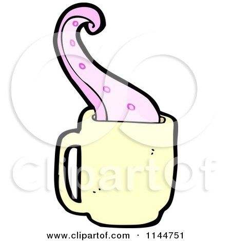 Cartoon of a Yellow Coffee Mug with a Tentacle 2 - Royalty Free Vector Clipart by lineartestpilot