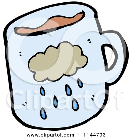 Cartoon of a Blue Coffee Mug with a Rain Cloud - Royalty Free Vector Clipart by lineartestpilot