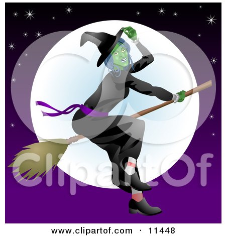 Ugly Witch Flying on a Broomstick in Front of the Moon Clipart Illustration by AtStockIllustration