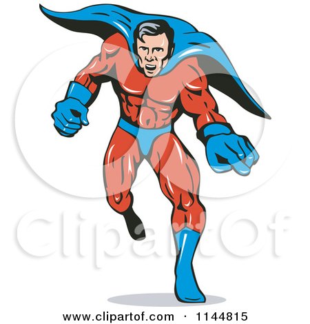 Clipart of a Male Superhero Running and Pointing - Royalty Free Vector Illustration by patrimonio