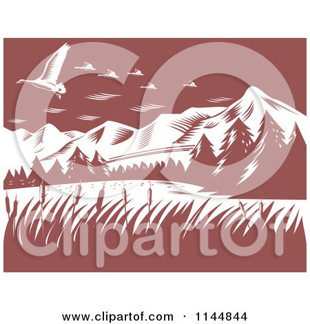 Clipart of Retro Woodcut Mountains with Geese - Royalty Free Vector Illustration by patrimonio