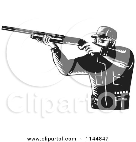 Clipart of a Retro Black and White Hunter Holding a Rifle 2 - Royalty Free Vector Illustration by patrimonio