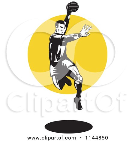 Clipart of a Retro Woodcut Handball Player Jumping over a Circle - Royalty Free Vector Illustration by patrimonio