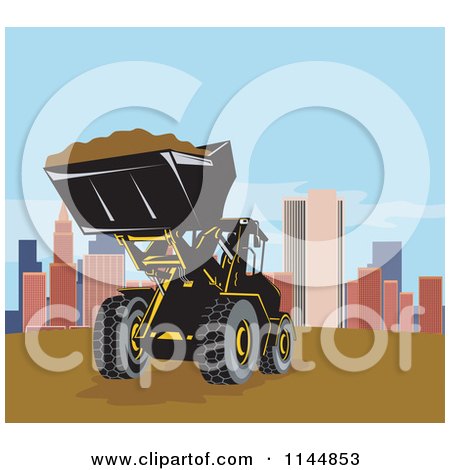 Clipart of a Retro Front Loader Tractor at the Edge of a City - Royalty Free Vector Illustration by patrimonio