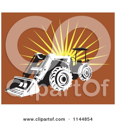 Clipart of a Black and White Tractor over Brown with a Burst - Royalty Free Vector Illustration by patrimonio