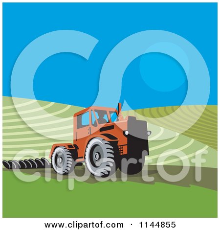 Clipart of a Retro Farmer Operating a Tractor on a Field 1 - Royalty Free Vector Illustration by patrimonio