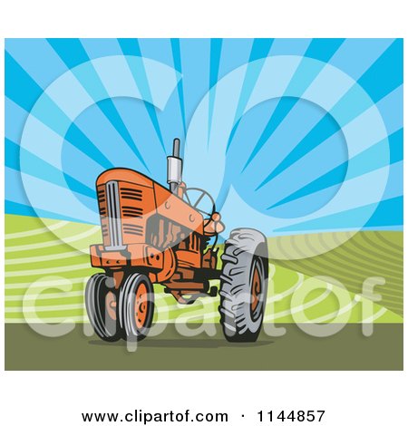 Clipart of a Retro Orange Tractor in a Field 1 - Royalty Free Vector Illustration by patrimonio