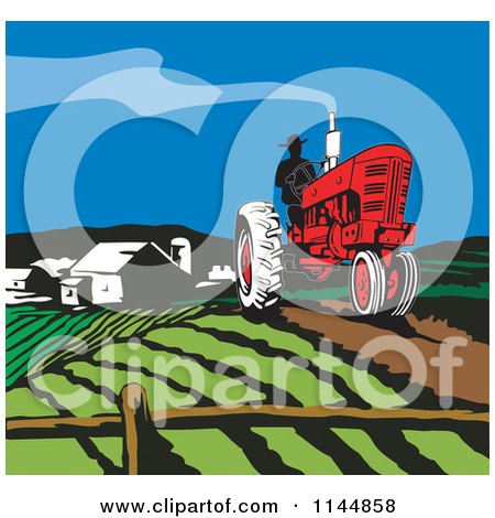 Clipart of a Retro Farmer Operating a Tractor on a Field 2 - Royalty Free Vector Illustration by patrimonio