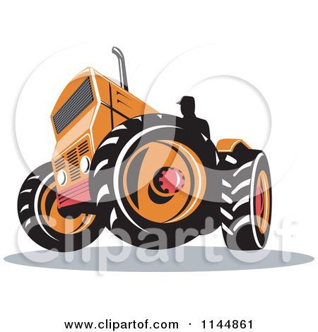 Clipart of a Retro Silhouetted Farmer Operating an Orange Tractor - Royalty Free Vector Illustration by patrimonio