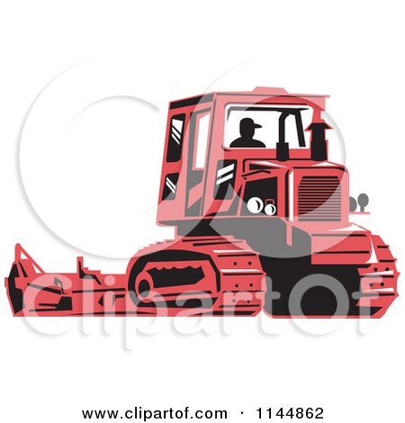 Clipart of a Retro Silhouetted Farmer Operating a Steel Track Tractor - Royalty Free Vector Illustration by patrimonio