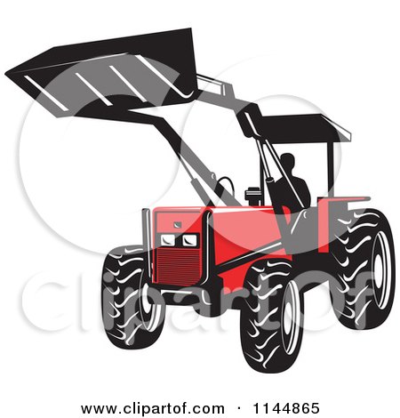 Clipart of a Retro Silhouetted Farmer Operating a Loader Tractor - Royalty Free Vector Illustration by patrimonio