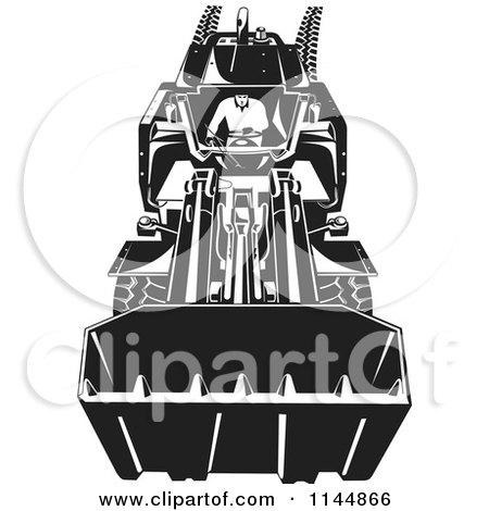 Clipart of a Retro Black and White Farmer Operating a Loader Tractor - Royalty Free Vector Illustration by patrimonio