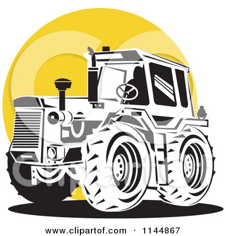 Clipart of a Black and White Tractor over a Yellow Circle - Royalty Free Vector Illustration by patrimonio