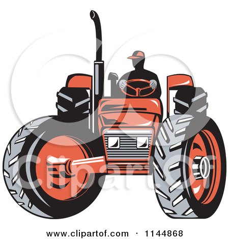 Clipart of a Retro Silhouetted Farmer Operating a Red Tractor 1 - Royalty Free Vector Illustration by patrimonio