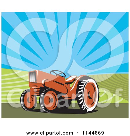 Clipart of a Retro Orange Tractor in a Field 2 - Royalty Free Vector Illustration by patrimonio