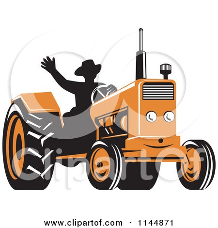 Clipart of a Retro Silhouetted Farmer Waving and Operating an Orange Tractor - Royalty Free Vector Illustration by patrimonio