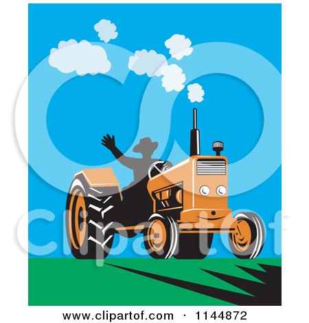 Clipart of a Retro Silhouetted Farmer Waving and Operating an Orange Tractor on a Field - Royalty Free Vector Illustration by patrimonio