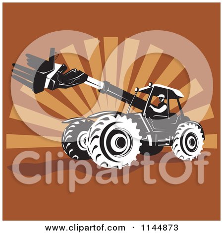 Clipart of a Retro Man Operating a Black and White Armed Tractor over Brown Rays - Royalty Free Vector Illustration by patrimonio