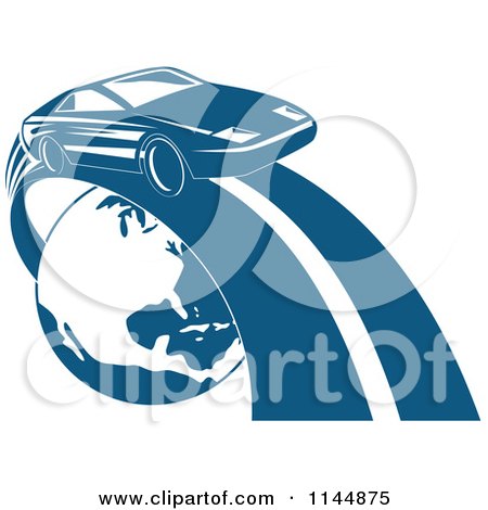 Clipart of a Retro Blue Sports Car on a Road Around Earth - Royalty Free Vector Illustration by patrimonio