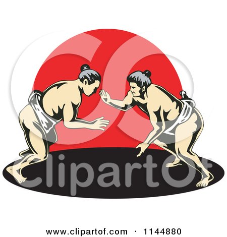 Clipart of a Sumo Wrestling Match over Red - Royalty Free Vector Illustration by patrimonio