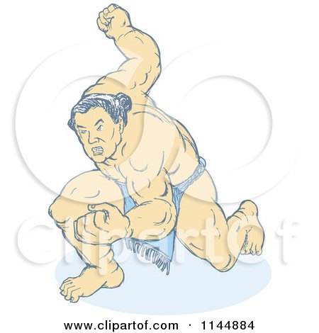 Clipart of a Faded Sumo Wrestler Holding up a Fist - Royalty Free Vector Illustration by patrimonio