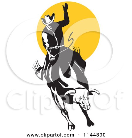 Clipart of a Retro Rodeo Cowboy on a Bucking Bull 1 - Royalty Free Vector Illustration by patrimonio