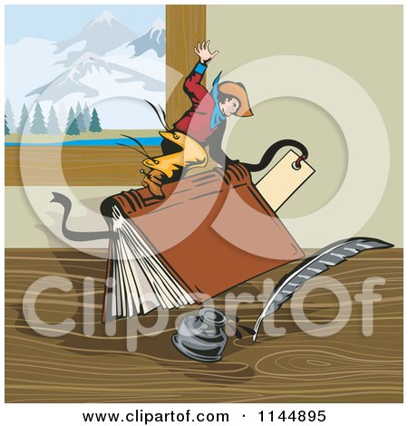 Clipart of a Rodeo Cowboy Riding a Book - Royalty Free Vector Illustration by patrimonio