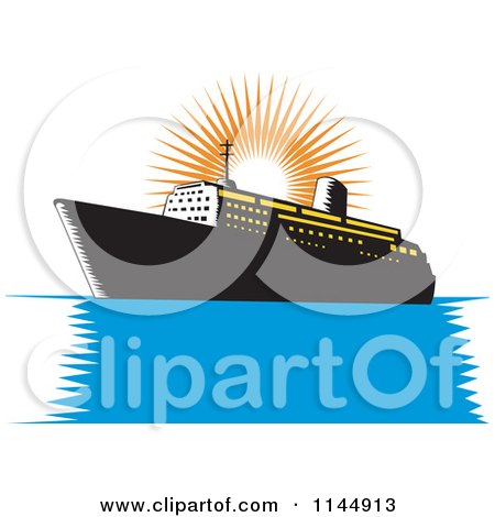 Clipart of a Retro Cruise Ship and Orange Sun - Royalty Free Vector Illustration by patrimonio