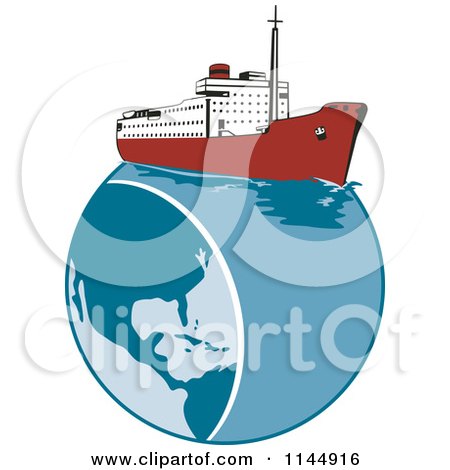 Clipart of a Retro Cruise Ship on Earth - Royalty Free Vector Illustration by patrimonio