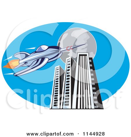 Clipart of a Retro Blue Space Rocket with Skyscrapers and a Full Moon - Royalty Free Vector Illustration by patrimonio