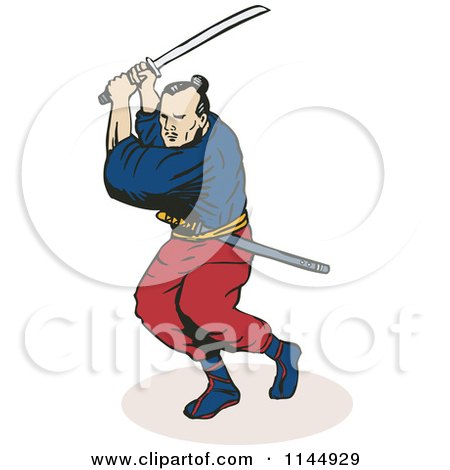 Clipart of a Ninja Fighting with a Katana Sword - Royalty Free Vector ...