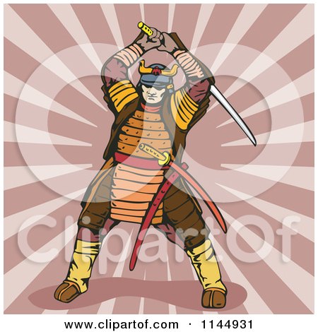 Clipart of a Fighting Samurai over Rays - Royalty Free Vector Illustration by patrimonio