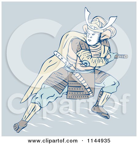 Clipart of a Fighting Samurai Reaching for a Sword - Royalty Free Vector Illustration by patrimonio