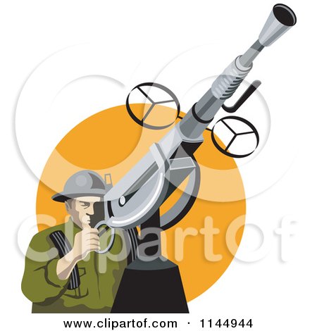 Clipart of an Army Soldier Shooting an Anti Aircraft Gun - Royalty Free Vector Illustration by patrimonio