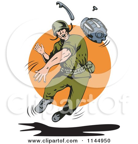 Clipart of an Army Soldier Throwing a Grenade - Royalty Free Vector Illustration by patrimonio
