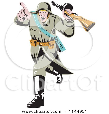 Clipart of an Army Soldier Running with a Weapon - Royalty Free Vector Illustration by patrimonio